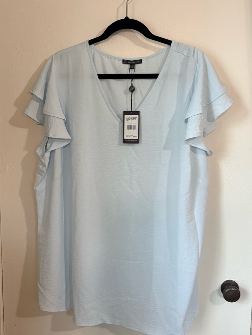 Adrianna Papell 3X Light Blue Blouse Flutter Sleeve V Neck Top NWT